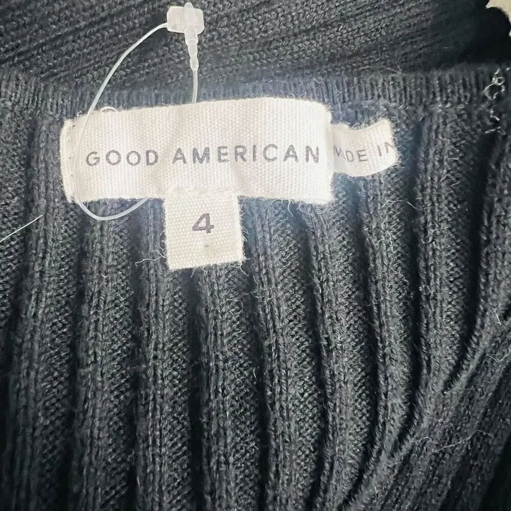 Good American Womens Black Ribbed Tie Waist Long Sleeve Sweater Dress Sz 4 NWOT